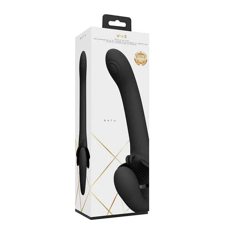 cock ring loose-Vive - Satu Rechargeable Pulse-wave Triple-motor Silicone Strapless Strap-on - Black