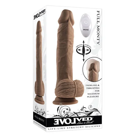 penis-growth-exercises-penis-growth-techniques-Evolved Full Monty Rechargeable Remote-Controlled Thrusting Twirling 9 in. Silicone Dildo Dark