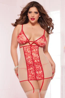 High cut sexy lingerie-Printed Mesh Chemise and Thong  Set - Red - Queen Size