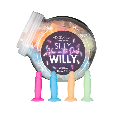 penis-extension-techniques-penis-length-studies-Addiction Silly Willy Glow-in-the-Dark 3.3 in. Silicone Dildo 12-Piece Fishbowl Display