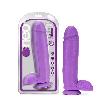 penis-blood-flow-tips-penis-anatomy-facts-Blush Neo 11 in. Dual Density Dildo with Balls & Suction Cup Neon Purple