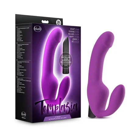 penis-girth-tools-penis-anatomy-facts-Blush Temptasia Cyrus 8.5 in. Silicone Strapless Strap-On Dildo with Bullet Vibrator Purple