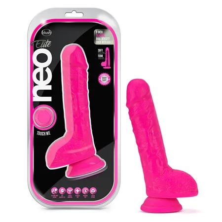 penis-extension-tools-penis-girth-exercises-Blush Neo Elite 9 in. Silicone Dual Density Dildo with Balls & Suction Cup Neon Pink