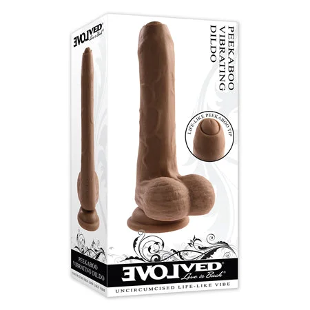 penis-anatomy-reviews-penis-performance-tips-Evolved Peek A Boo Rechargeable Vibrating 8 in. Silicone Uncircumcised Dildo with Power Boost Dark