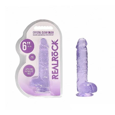 penis-confidence-studies-penis-function-problems-RealRock Crystal Clear Realistic 6 in. Dildo With Balls and Suction Cup Purple