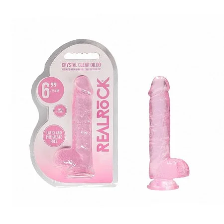 penis-enlargement-problems-penis-medical-treatments-RealRock Crystal Clear Realistic 6 in. Dildo With Balls and Suction Cup Pink