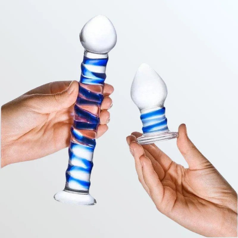 Anal toys with sturdy edges-Gläs Double Penetration Swirly Glass Dildo and Butt Plug Set