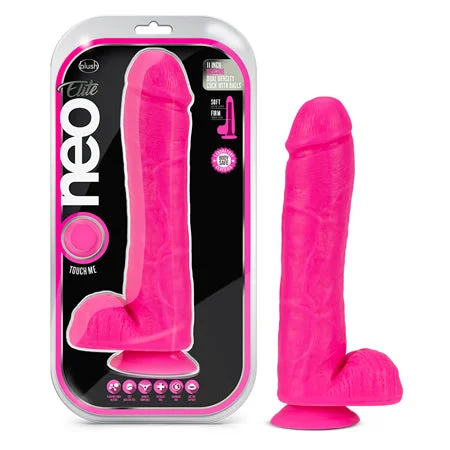 penis-enlargement-tools-penis-shape-variations-Blush Neo Elite 11 in. Silicone Dual Density Dildo with Balls & Suction Cup Neon Pink