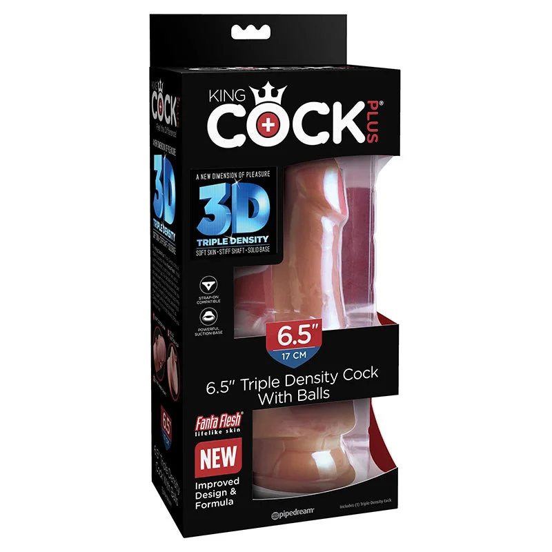 pink suction dildo-Pipedream King Cock Plus 6.5 in. Triple Density Cock With Balls Realistic Suction Cup Dildo Tan