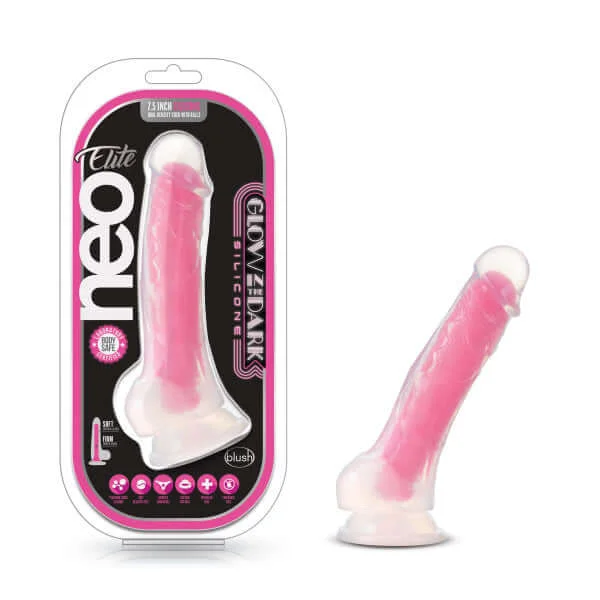 cock ring titanium-Neo Elite Glow In The Dark 7.5 inches Silicone Cock with Balls Neon Pink