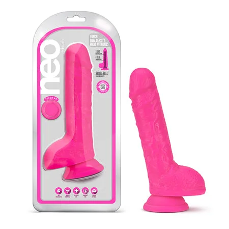 penis-enhancement-reviews-penis-extension-devices-Blush Neo 9 in. Dual Density Dildo with Balls & Suction Cup Neon Pink