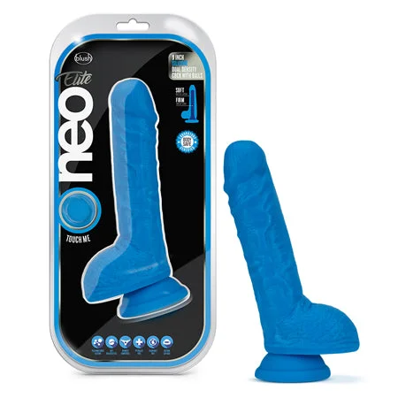 penis-pump-tools-penis-length-studies-Blush Neo Elite 9 in. Silicone Dual Density Dildo with Balls & Suction Cup Neon Blue