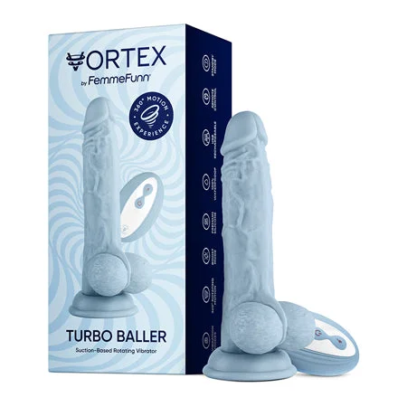 penis-shape-tools-penis-exercise-routines-FemmeFunn Vortex Turbo Baller 2.0 8.25 in. Vibrating Rotating Dildo Light Blue