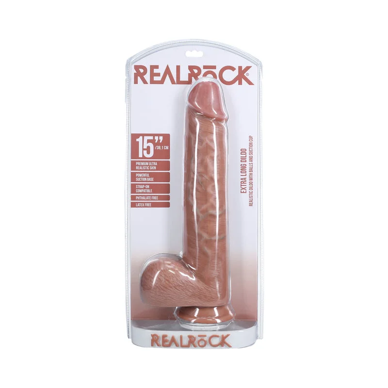 penis-injury-treatments-penis-skin-conditions-RealRock Extra Long 15 in. Dildo with Balls Tan