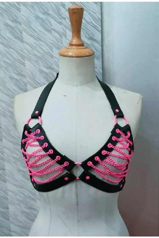 Sexy lingerie polyester-Candy Collection - Pink Chain Lace-Up Bra Top Harness