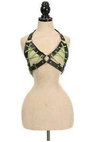 Sexy lingerie reversible-Black Faux Leather Lace-Up Bra Top - Neon Green