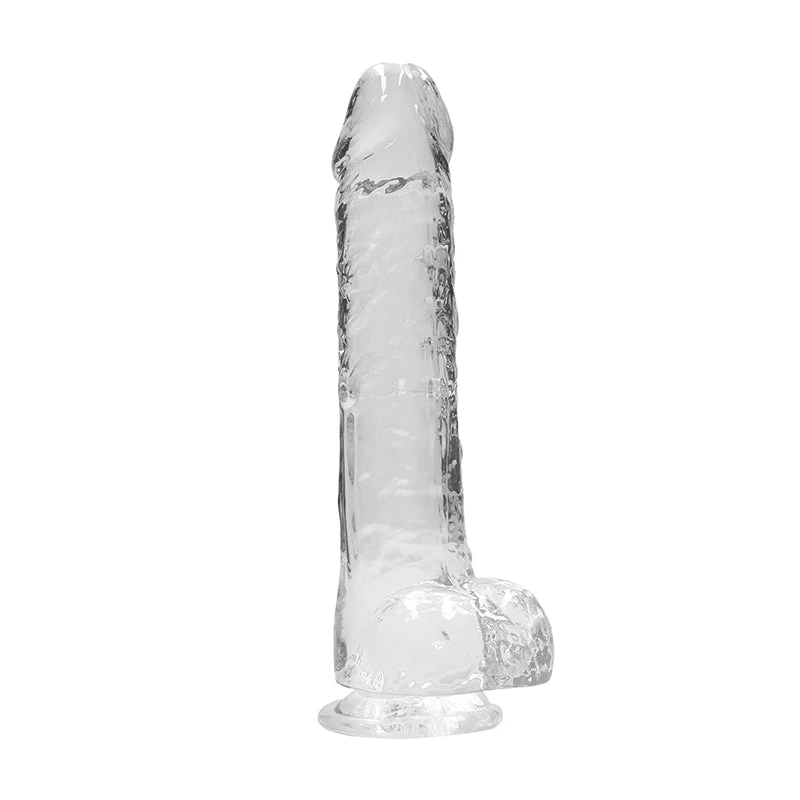 single-speed dildo-RealRock Crystal Clear Realistic 10 in. Dildo With Balls and Suction Cup Clear