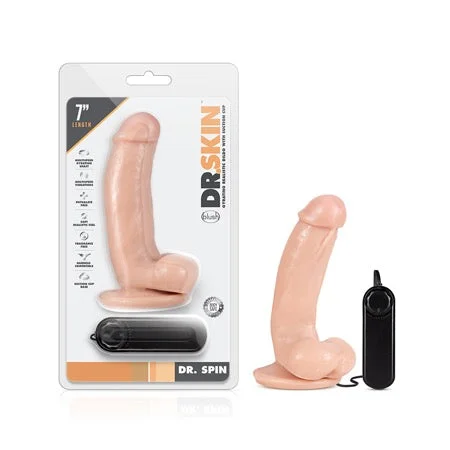 penis-skin-techniques-penis-size-myths-Blush Dr. Skin Dr. Spin Realistic 7 in. Gyrating and Vibrating Dildo with Balls & Suction Cup Beige