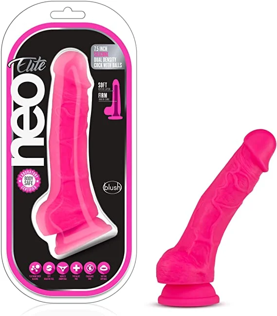 harness-compatible dildo-Neo Elite 9 Inch Silicone Dual Density Dildo with Balls - Pink/Blue