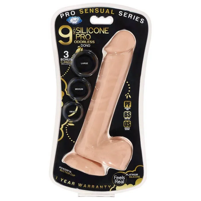 cock ring kink-Pro Sensual Premium Silicone Dong with 3 Bonus C-Rings Beige 9 inches