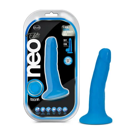 penis-anatomy-tools-penis-hygiene-advice-Blush Neo Elite 6 in. Silicone Dual Density Dildo with Suction Cup Neon Blue