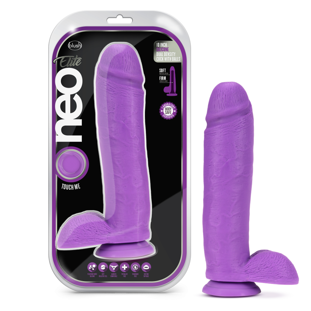 brown glass dildo-Neo Elite 10 inch Silicone Dual Density Dildo with Balls - Purple/Pink