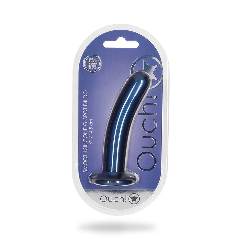 penis-care-guide-penis-pump-reviews-Shots Ouch! Smooth Silicone 6 in. G-Spot Dildo Metallic Blue