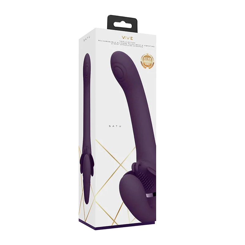 cock ring snug-Vive - Satu Rechargeable Pulse-wave Triple-motor Silicone Strapless Strap-on - Purple