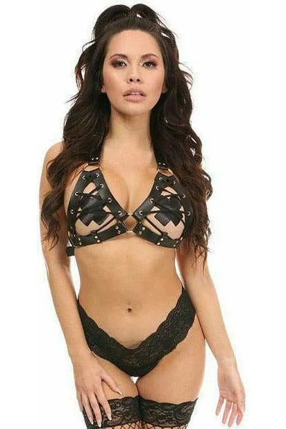 Sexy lingerie custom-Black/Gold  Faux Leather Lace-Up Bra Top