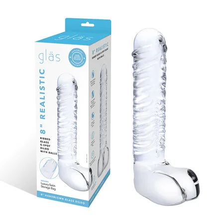 inflatable realistic dildo-Realistic Ribbed Glass G-Spot Dildo with Balls 8 inch