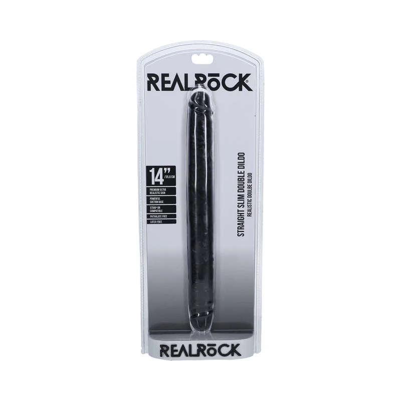 penis-skin-techniques-penis-size-myths-RealRock 14 in. Slim Double-Ended Dong Black