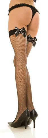 Sexy lingerie with velcro-Fishnet Thigh Highs with Printed Bows Black