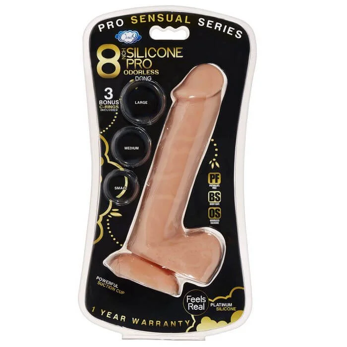 cock ring dominance-Pro Sensual Premium Silicone Dong with 3 Bonus C-Rings Tan 8 inches