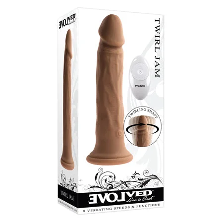 penis-enlargement-techniques-penis-enlargement-methods-Evolved Twirl Jam Rechargeable Remote-Controlled Vibrating Twirling 9 in. Silicone Dildo Dark