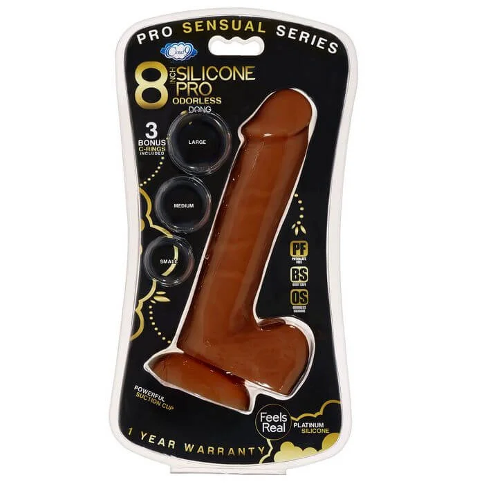 cock ring submission-Pro Sensual Premium Silicone Dong with 3 Bonus C-Rings Brown 8 inches