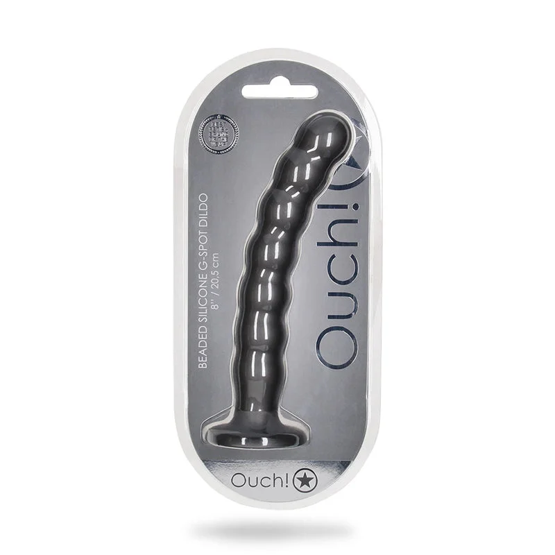 penis-length-guide-penis-shape-variations-Shots Ouch! Beaded Silicone 8 in. G-Spot Dildo Gunmetal