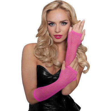 Sexy lingerie robe-Elbow Fishnet Gloves - Hot  Pink