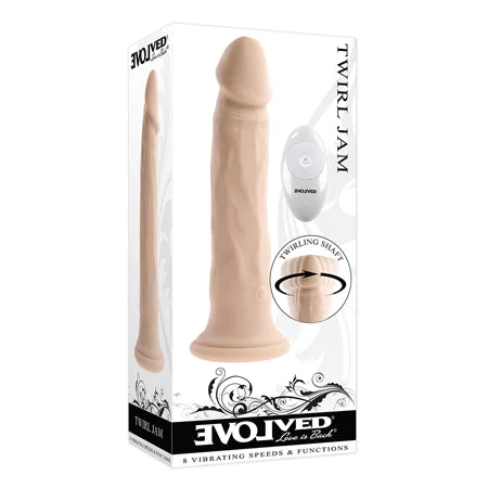 penis-size-facts-penis-size-myths-Evolved Twirl Jam Rechargeable Remote-Controlled Vibrating Twirling 9 in. Silicone Dildo Light