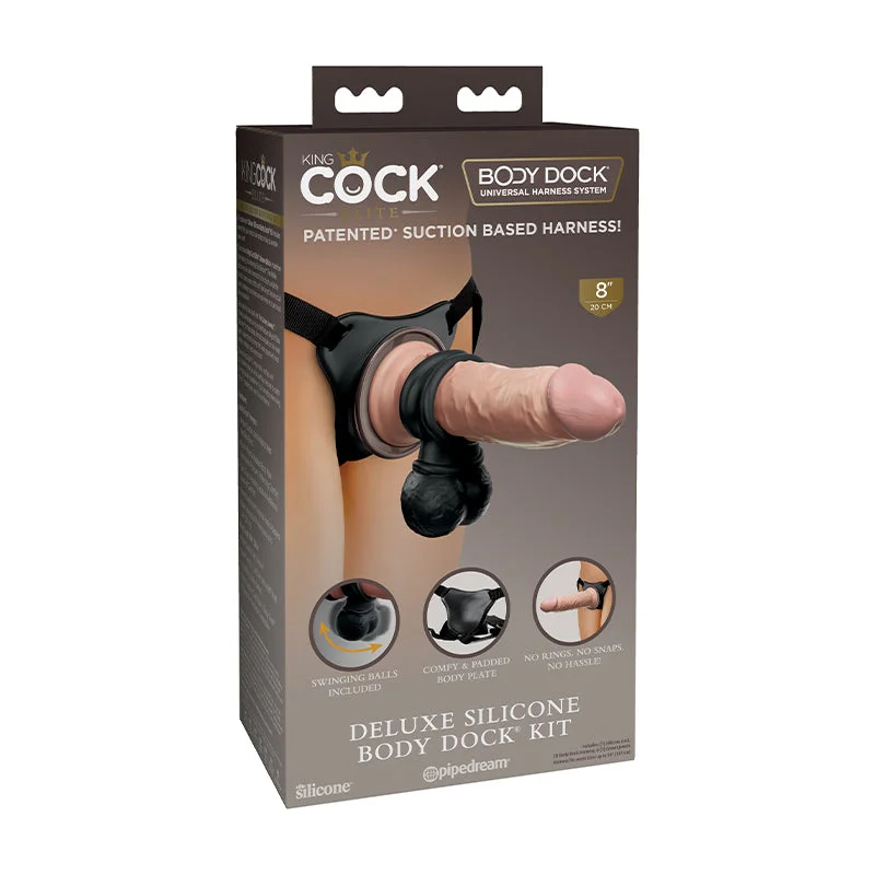 long thrusting dildo-Pipedream King Cock Elite Deluxe Silicone Body Dock Kit With 8 in. Realistic Suction Cup Dildo & Swinging Balls Beige/Black