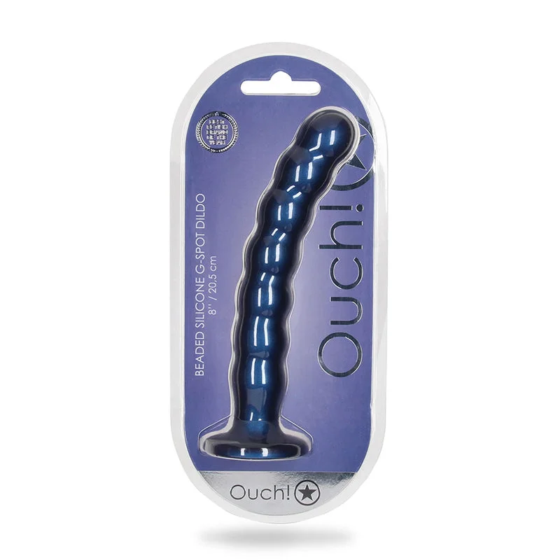 penis-natural-tips-penis-injury-recovery-Shots Ouch! Beaded Silicone 8 in. G-Spot Dildo Metallic Blue