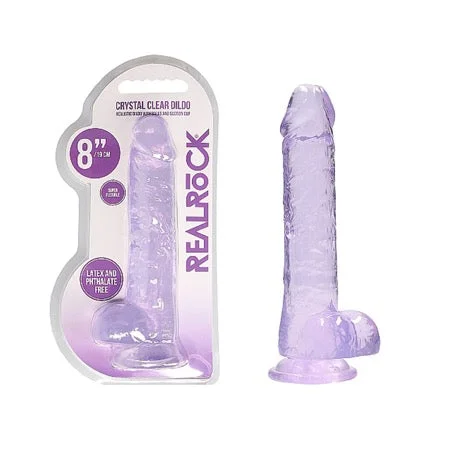 penis-natural-studies-penis-care-products-RealRock Crystal Clear Realistic 8 in. Dildo With Balls and Suction Cup Purple