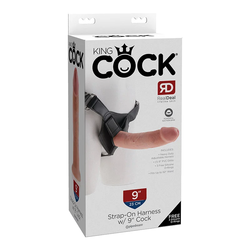 glass app-controlled dildo-King Cock Strap On Harness 9 inches Dildo Beige