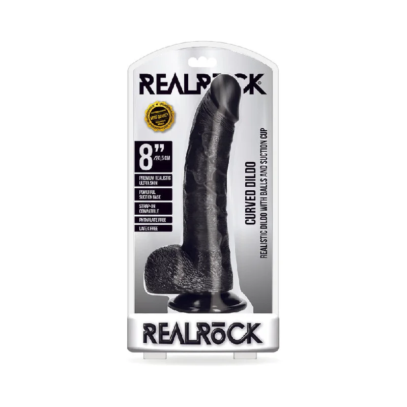 penis-injury-benefits-penis-enhancement-pills-RealRock Realistic 8 in. Curved Dildo With Balls and Suction Cup Black