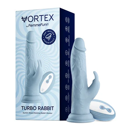 penis-sensitivity-tools-penis-size-myths-FemmeFunn Vortex Turbo Rabbit 2.0 8 in. Dual Stimulation Vibrating Dildo Light Blue