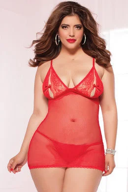 Embroidered sexy lingerie-Fishnet and Lace Chemise with  Thong - Red - Queen Size