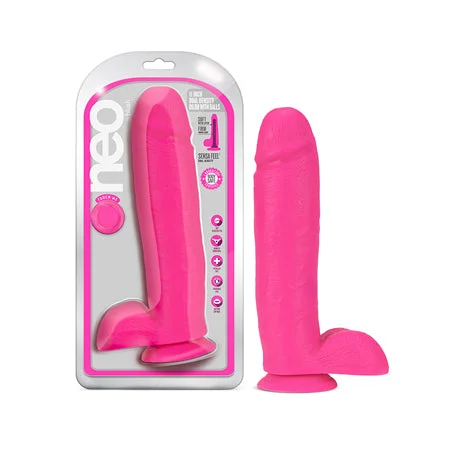 penis-sensitivity-problems-penis-care-products-Blush Neo 11 in. Dual Density Dildo with Balls & Suction Cup Neon Pink