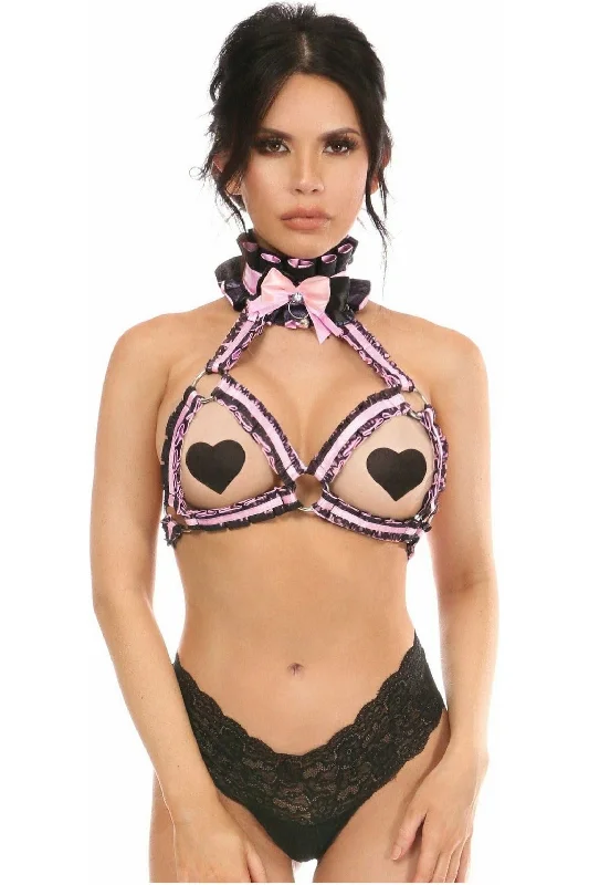 Sexy lingerie with zipper-Kitten Collection Lt Pink/Black Lace Bra Top Body Harness