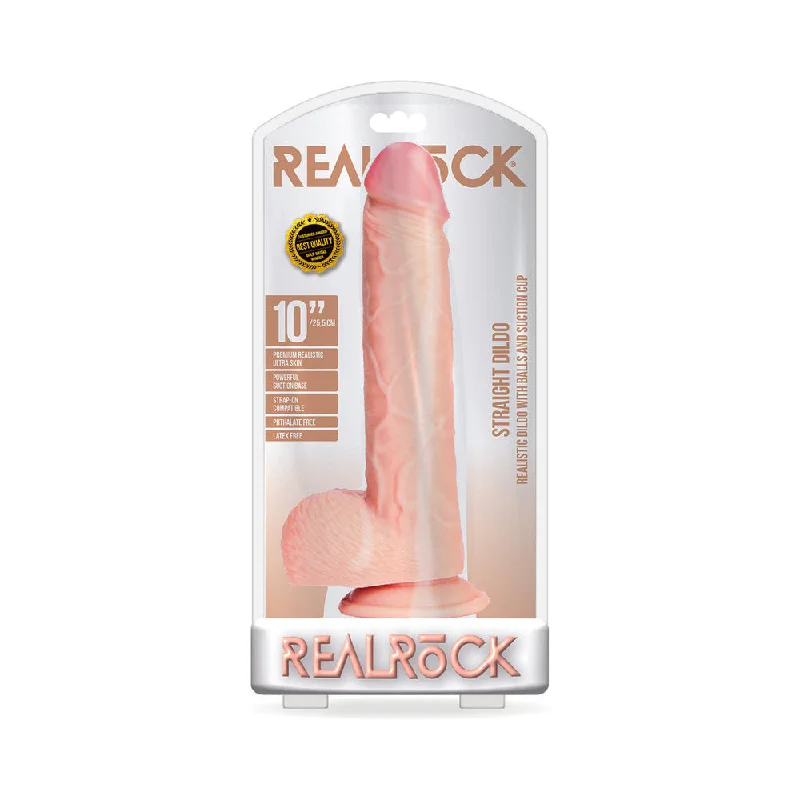 penis-sensitivity-benefits-penis-extension-devices-RealRock Realistic 10 in. Straight Dildo With Balls and Suction Cup Beige