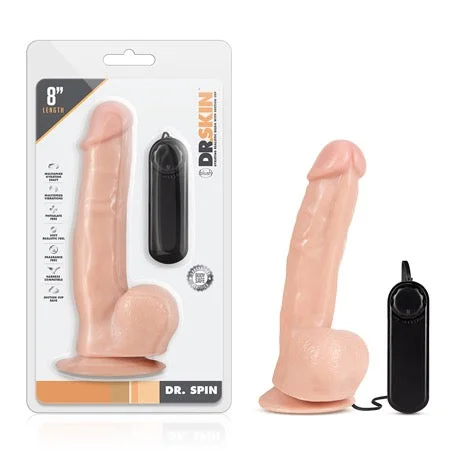 penis-function-techniques-penis-exercise-routines-Blush Dr. Skin Dr. Spin Realistic 8 in. Gyrating and Vibrating Dildo with Balls & Suction Cup Beige