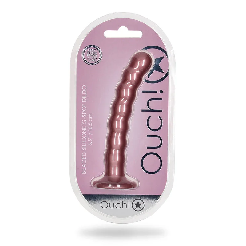 penis-girth-guide-penis-function-problems-Shots Ouch! Beaded Silicone 6.5 in. G-Spot Dildo Rose Gold